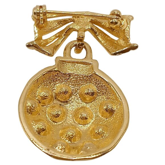 Christmas Brooch Bow & Ornament Gold Tone Metal Rhinestone Dangle Lapel Pin - Picture 4 of 7